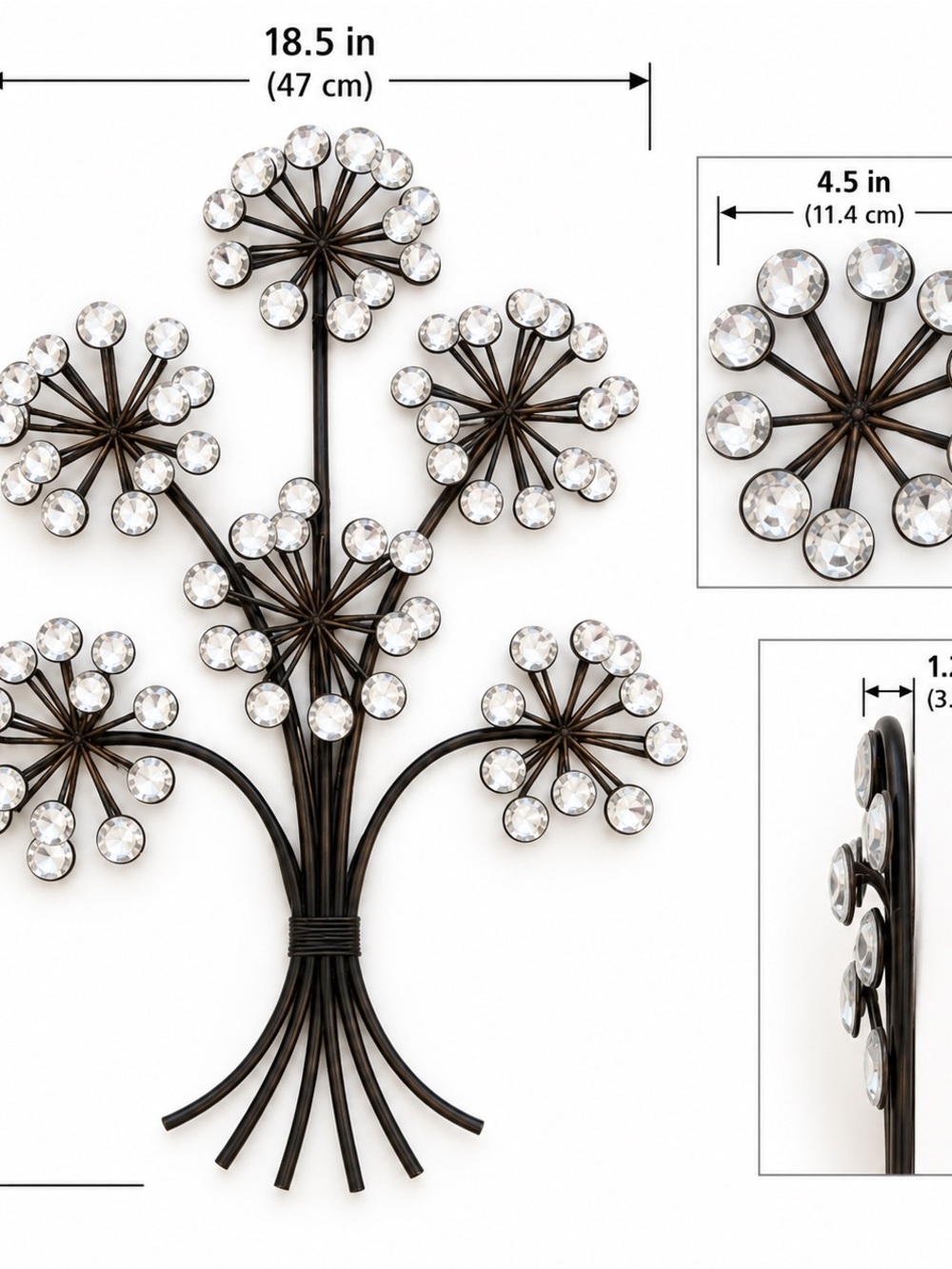 Crystal Accent Floral Metal Wall Art - Clear/Black